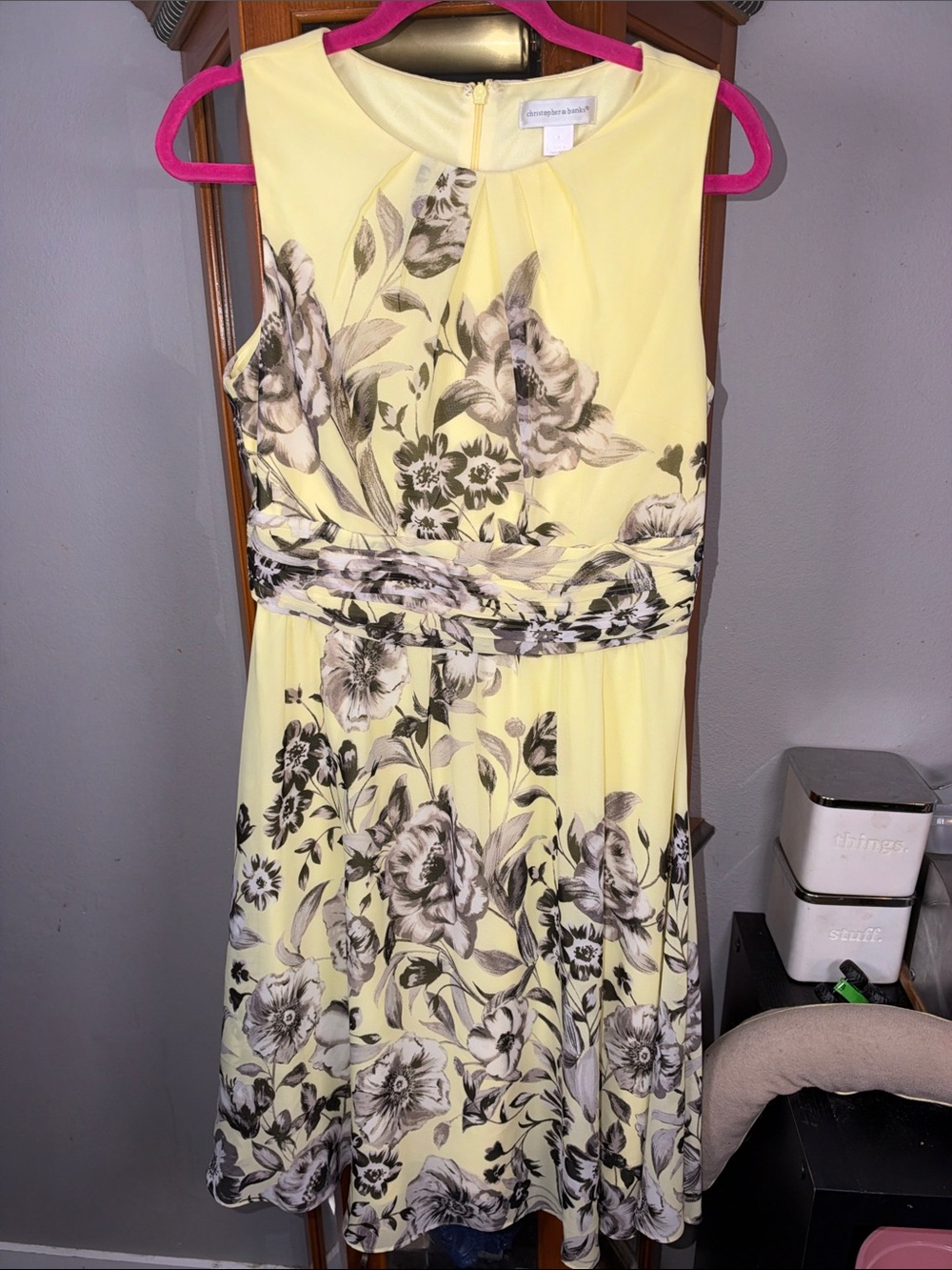 Christopher & Banks Yellow Floral A-Line Dress with Black-Gray Print